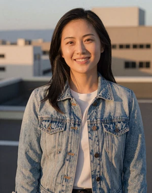 Aiko, a Japanese American professional dating online, laughing on a rooftop at sunset - illustrative example