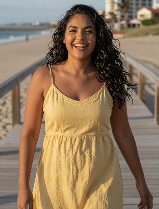 Sample profile card - Camila, 27, laughing on a beach boardwalk for MilaDate review illustration