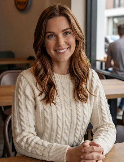 Emma, a verified MilaDate member from the US, smiling warmly at a cafe - illustrative example