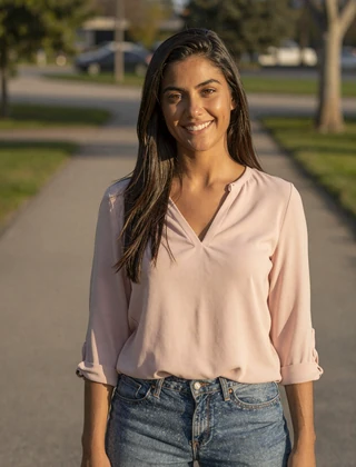 Sofia, a Latina single in her late twenties on MilaDate, enjoying a sunny park walk - illustrative profile